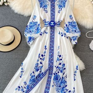 Alina Robe Longue Femme – Robe Vintage à Imprimé Fleuri avec Manches Lanternes Élégantes