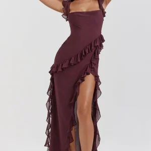 Agathe Robe Longue Femme – Robe Élégante en Georgette avec Col Bénitier & Fente Haute Chic