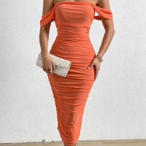 Aliyah Robe Femme Royal – Robe Bodycon Épaules Dénudées avec Fronces et Manches Drapées Élégantes