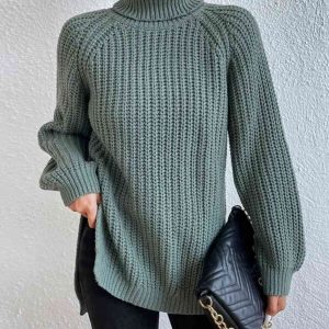 Angela Pull Femme – Pull à Col Roulé Côtelé avec Fente Latérale Chic pour Automne/Hiver Élégant